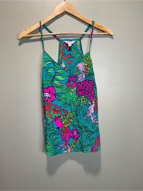 Lilly Pulitzer Turquoise Floral Silk Top with Pink & Green Accents Medium